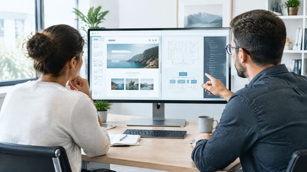 Business team comparing an AI website builder with custom website architecture